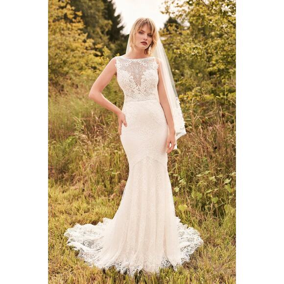 LILLIAN WEST 66191 Boho Lace Mermaid Wedding Gown Removable Sleeves Bridal Dress